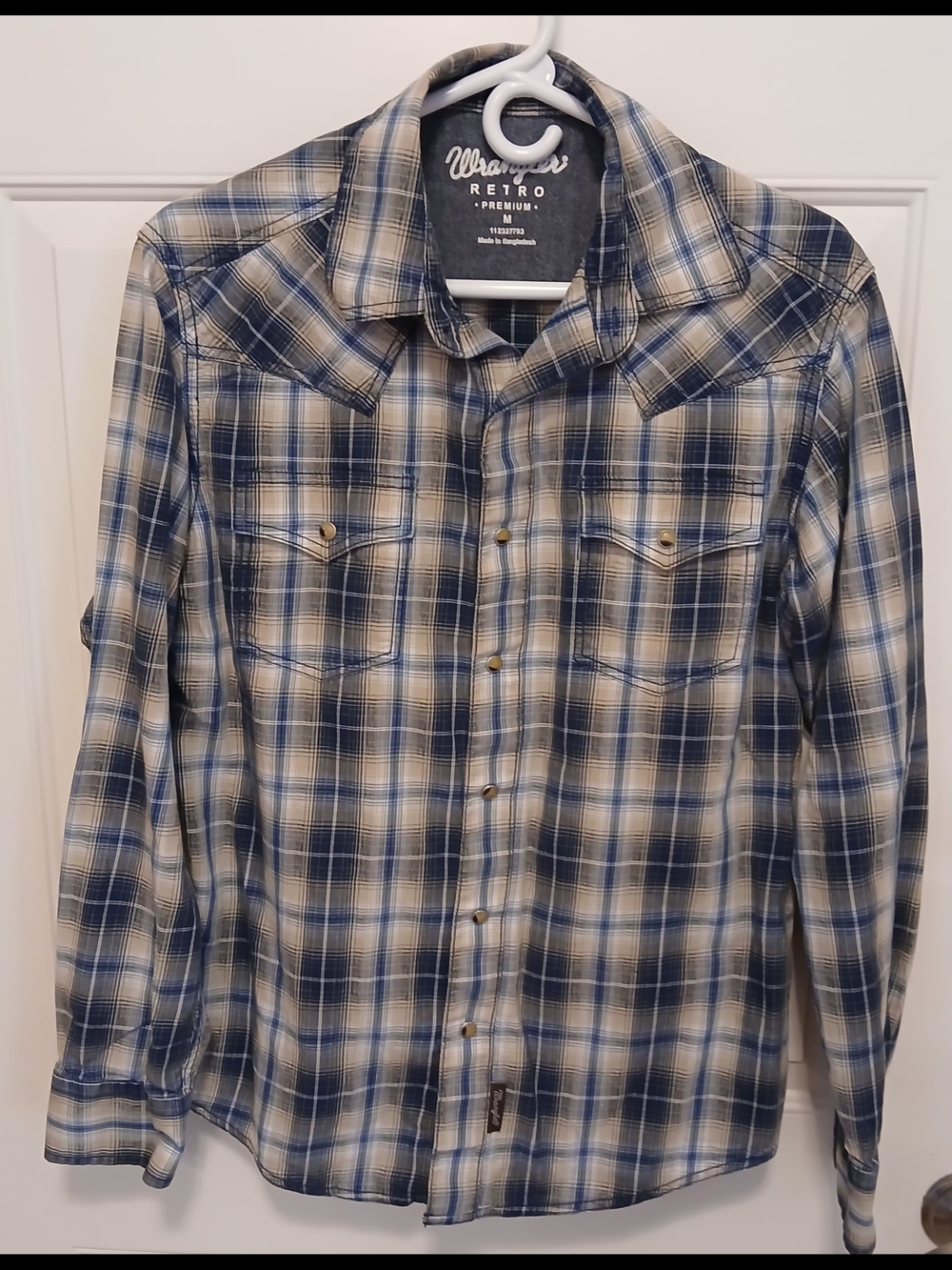 Wrangler Retro Men's Navy Blue/Beige/Cream Plaid Western Pearl Snap Front Sz M